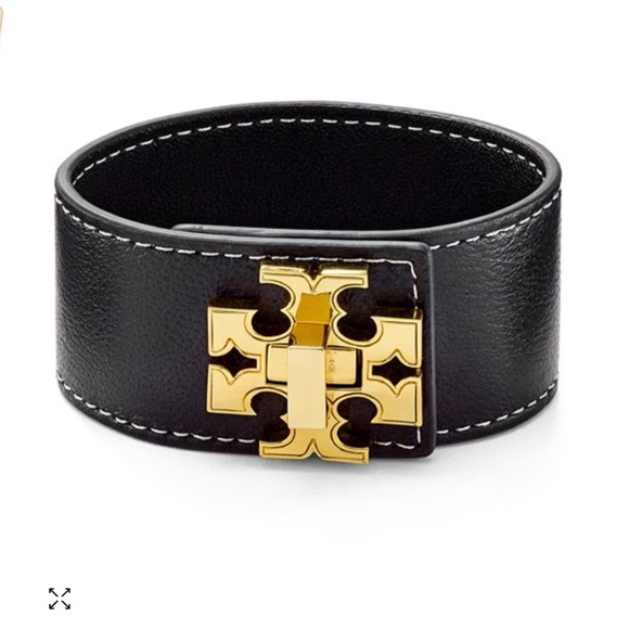 Tory Burch Jewelry - Like New Tory Burch Gold Logo Single Wrap Leather Cuff Bracelet in Black